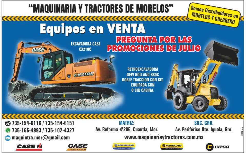 Minicargador, Vibrocompactador, Cargador, Montacargas. Plataformas de Elevacion, Maquinaria Pesada y Ligera. Venta/Renta. New Holland, Case, Cipsa. Tanques para almacenar y transportar combustible