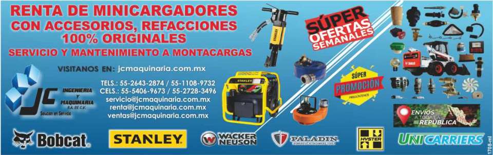 Renta de Minicargadores c/Accesorios Servicio y Mantenimiento a Montacargas. Refacciones Originales. Bobcat, Unicarriers Forklift, Stanley, Paladin, Hyster, WN. Envios a toda la Republica.