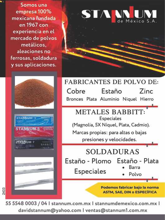 Polvo de Cobre, de Estaño, de Zinc. Polvos: Bronces, Plata, Aluminio, Niquel, Hierro, Soldaduras y sus aplicaciones. Metales Babbit. Fabricamos Bajo Normas ASTM,SAE,DIN o Especifica. Metalurgia.