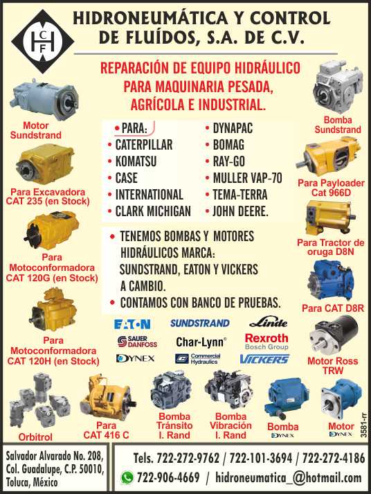 Hidroneumatica y Control de Fluidos Reparacion de equipo hidraulico para maquinaria pesada, cilindros hidraulicos, bombas de pistones, paletas y engranes.