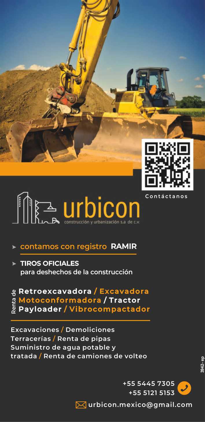 Retroexcavadora, Excavadora, Motoconformadora, Tractor, Payloader, Vibrocompactador, Pipas. Excavaciones, Demoliciones, Suministro de agua, Tiro Oficial de Desechos de Construccion y Registro Ramir