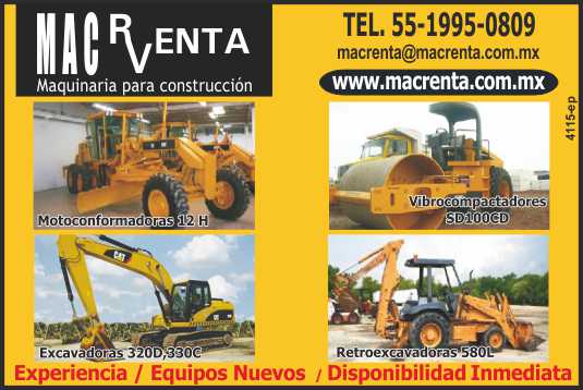 Renta y venta de Maquinaria para la construccion. Excavadoras, Motoconformadoras, Retroexcavadoras, Vibrocompactador. Equipos Nuevos Disponibilidad Inmediata. Caterpillar, Volvo, Case.