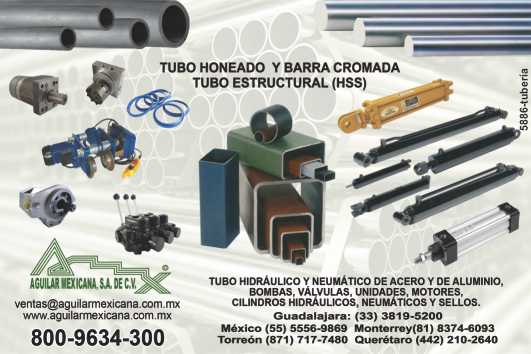 Tubo honeado y barra cromada, tubo estructural HSS, tubo hidraulico y neumatico de acero y de aluminio, bombas, valvulas, unidades, motores, cilindros hidraulicos, neumaticos y sellos 