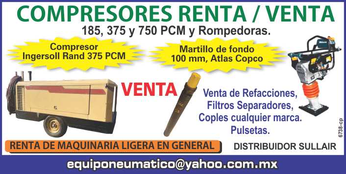 Compresores de Aire 185 PCM, 375 PCM, 750 PCM y Rompedoras, Venta de Compresor IR y Martillo de Fondo. Refacciones, Filtros separadores, Coples, Pulsetas, Maquinaria Ligera. Equipo Neumatico.