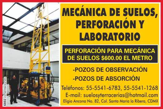 Mecanica de suelos, perforacion y laboratorio. Perforaciones para Mecanica de Suelos $600. el metro. Pozos de Observacion, Pozos de Absorcion.