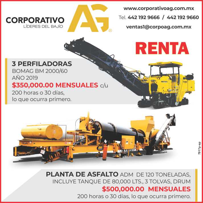 Renta de 3 Perfiladoras BOMAG BM 2000/60 año 2019 y Planta de Asfalto ADM de 12 Toneladas, Incluye Tanque de 80,000 lts. y 3 Tolvas Drum por dia y horas.