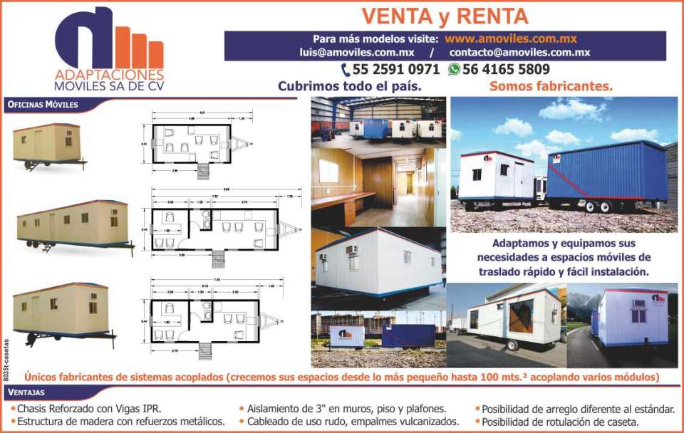 Venta y Renta de Oficinas Moviles, Bodegas Moviles. Espacios Moviles de traslado rapido y facil instalacion. Sistemas acoplados. Crecemos sus espacios hasta 100 mts2.