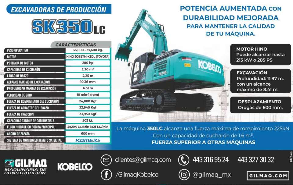 Excavadoras de produccion SK350LC Potencia aumentada con Durabilidad Mejorada, para mantener la Calidad de tu Maquina. La maquina 350LC alcanza una fuerza maxima de rompimiento 225kN.