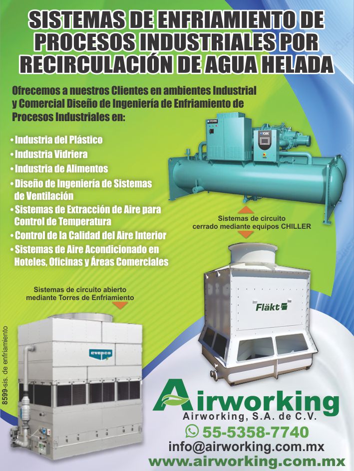 Sistemas de Enfriamiento de Procesos Industriales por Recirculacion de Agua Helada en la Industria del Plastico, Vidriera y de Alimentos. Diseño de Ingenieria de Sistemas de Ventilacion. Airworking