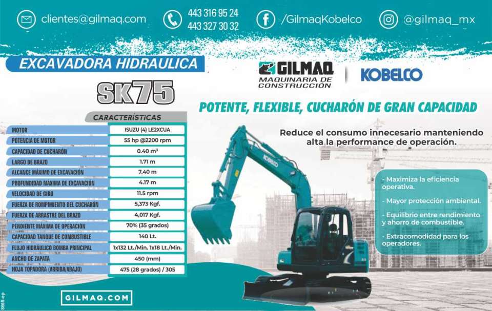 Excavadora Hidraulica SK75, Potente, Flexible, Cucharon de gran Capacidad. Reduce el consumo innecesario manteniendo alta la performance de operacion.