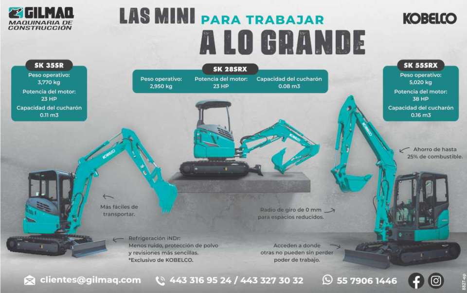 Las Mini para trabajar a lo grande, SK35SR, SK28SRX, SK55SRX, mas faciles de transportar, Ahorro de hasta 25% de combustible, Radio de giro de 0mm para espacios reducidos, Refrigeracion iNDr.